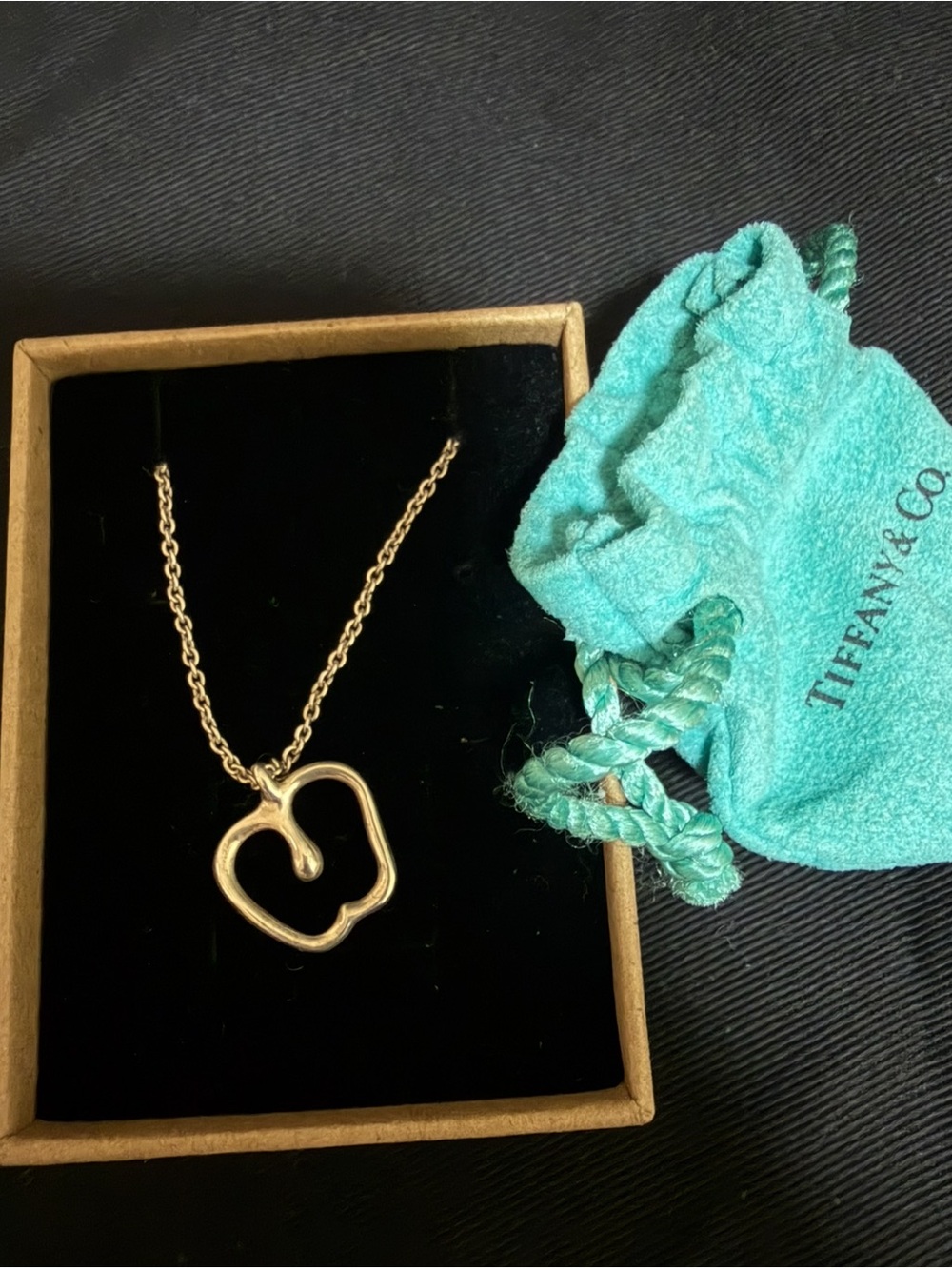 Tiffany & Co. Gold Open Heart Pendant Necklace with Blue-Green Pouch